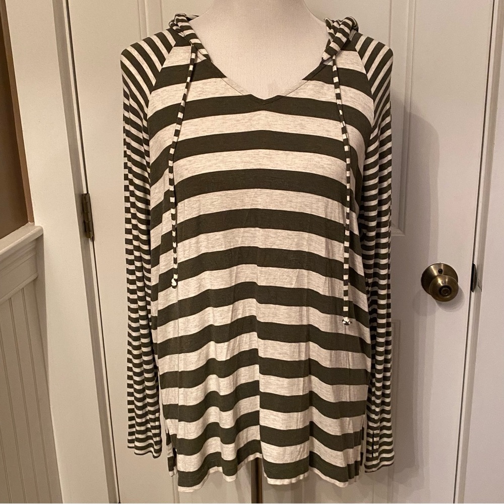 CABI TOP TUNIC HOODIE GREEN GRAY STRIPE LONG SLEEVE LIGHTWEIGHT Size S